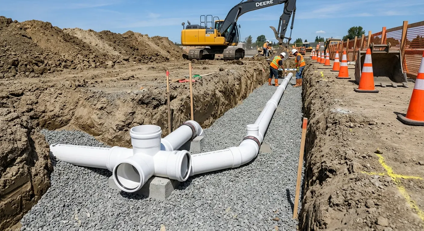 New PVC sewer pipe installation in open trench for Commercial Drain Cleaning in Selinsgrove
