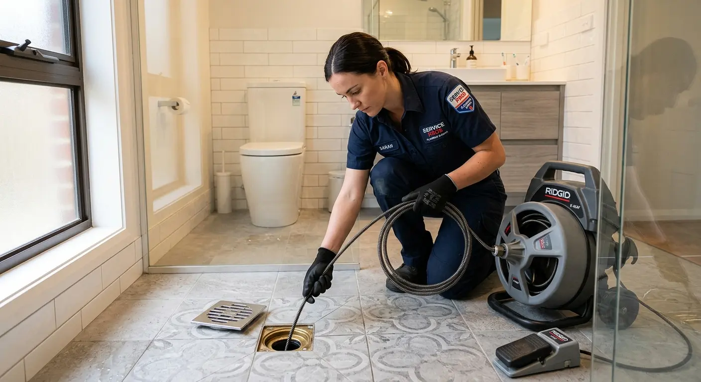 Technician clearing a bathroom floor drain for Drain Repair in Selinsgrove